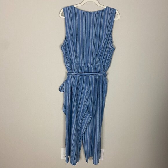 Standard Lane Bryant Linen Blend Jumpsuit Striped Womens 14P Blue Wide Leg - Picture 2 of 6